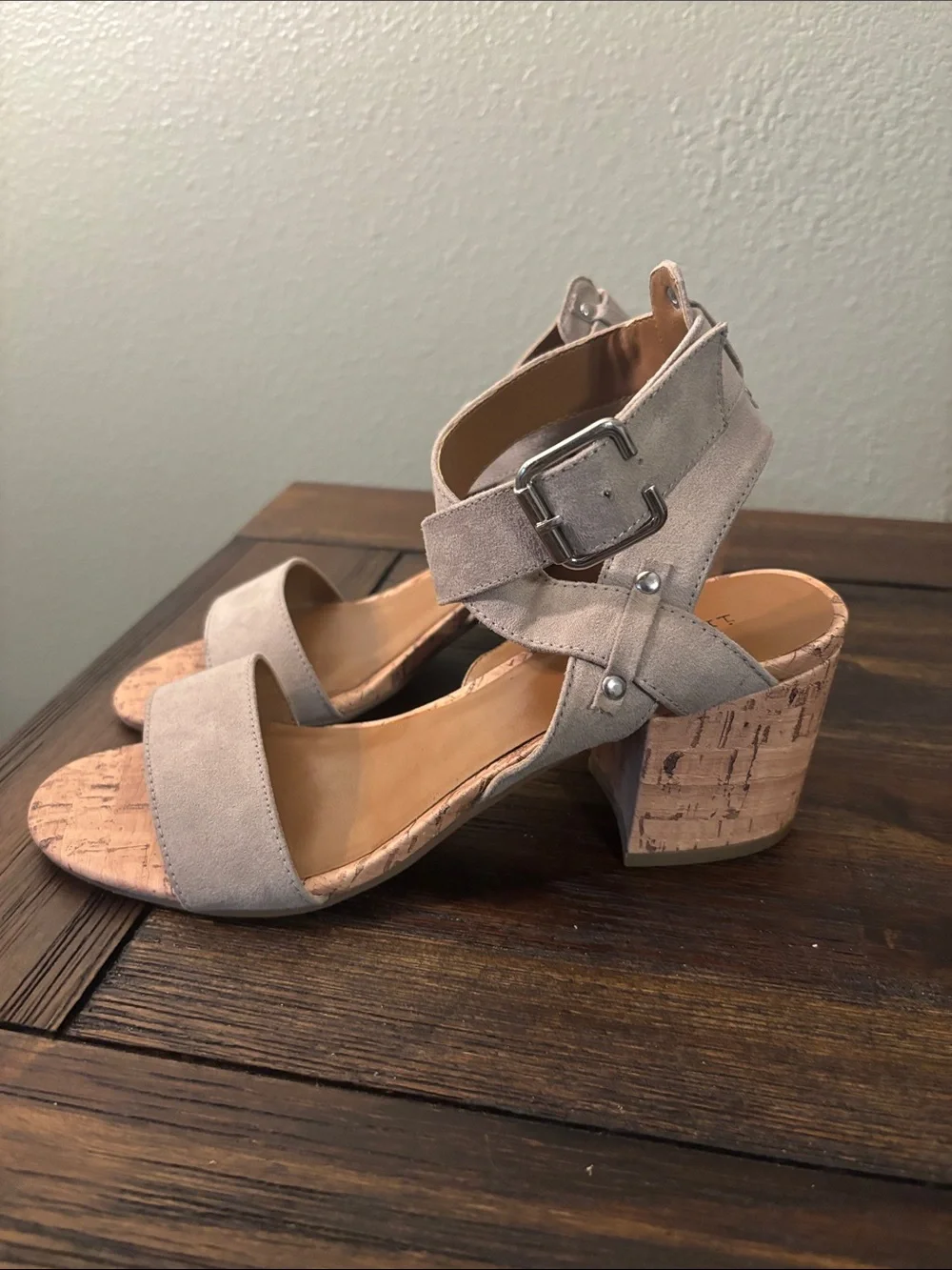 Indigo Rd. -Taupe Suede like Cork Block Heel Sandals